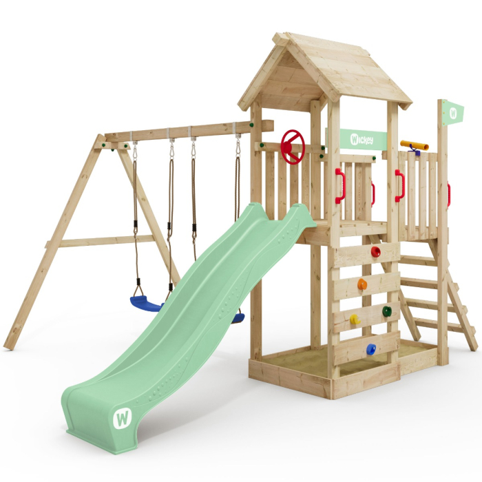 Spielturm Wickey MultiFlyer Holzdach Natur-Pastellgrüne Rutsche  834811